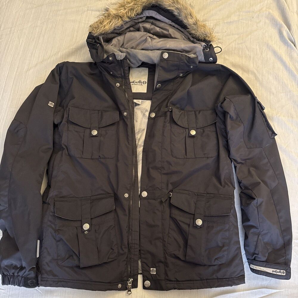Planet Earth S/M  Black Removable Hood Faux Fur Ski Heavy Weather Jacket Lined